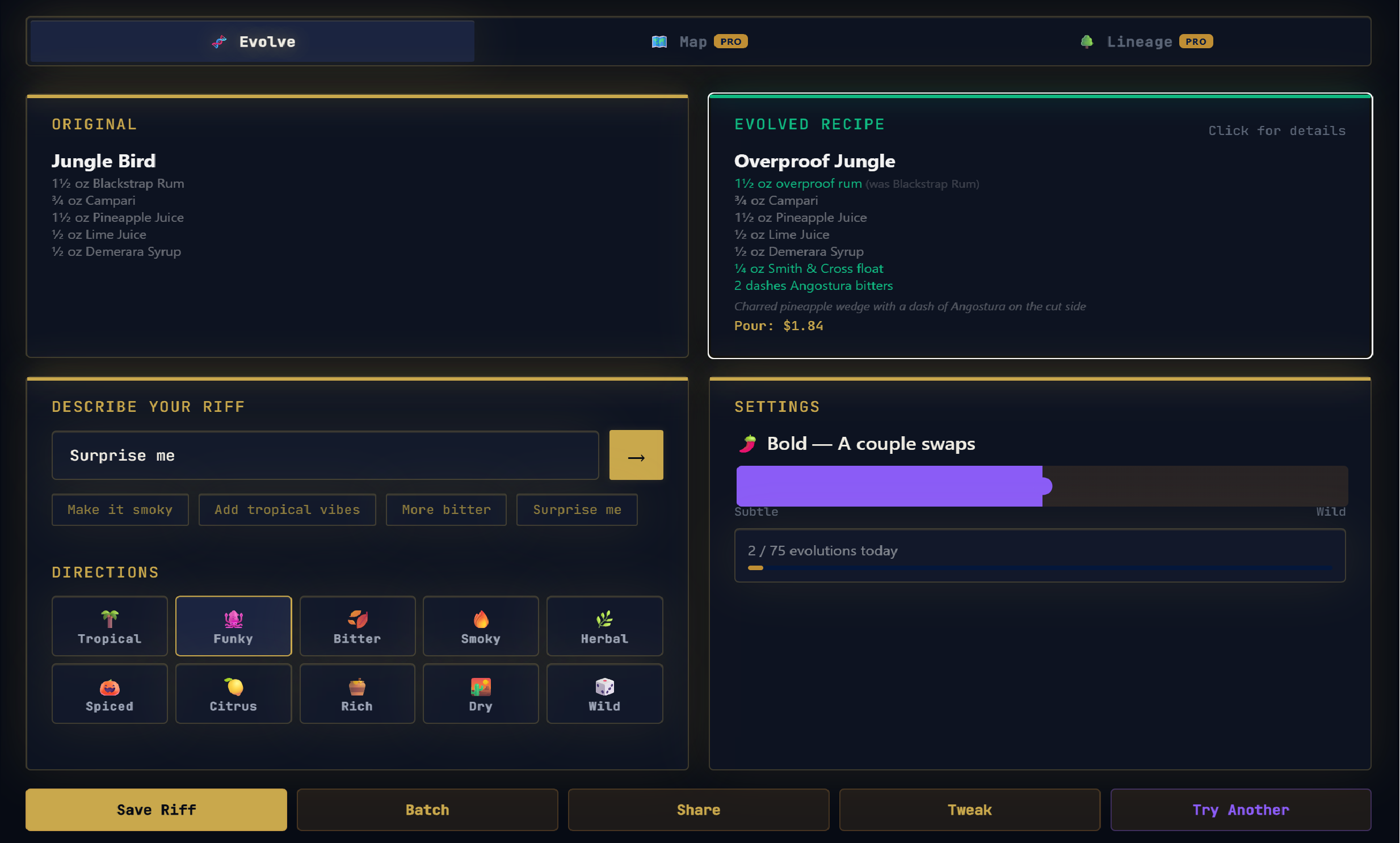 Alchemixt Evolve engine showing a Jungle Bird original and its Overproof Jungle riff with ingredient swaps highlighted