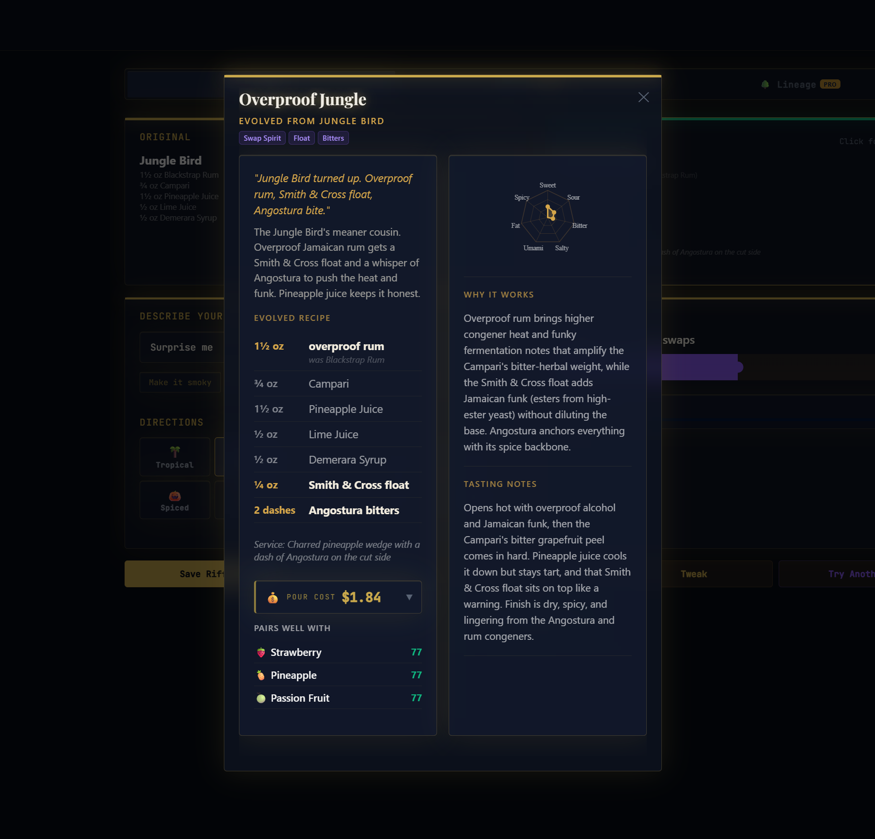 Alchemixt recipe detail showing taste radar, why it works analysis, tasting notes, and food pairings
